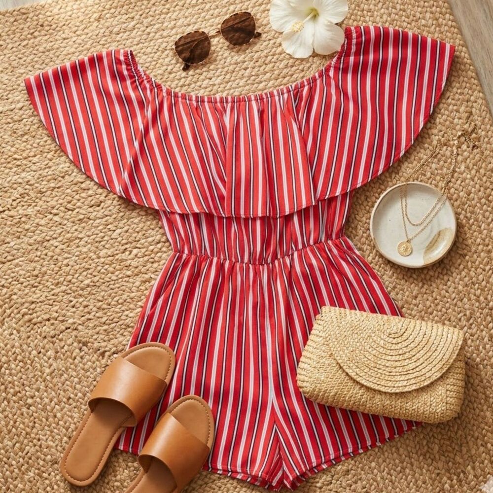 Soprano Nautical Red Striped Off Shoulder Romper Size S Coastal Chic
